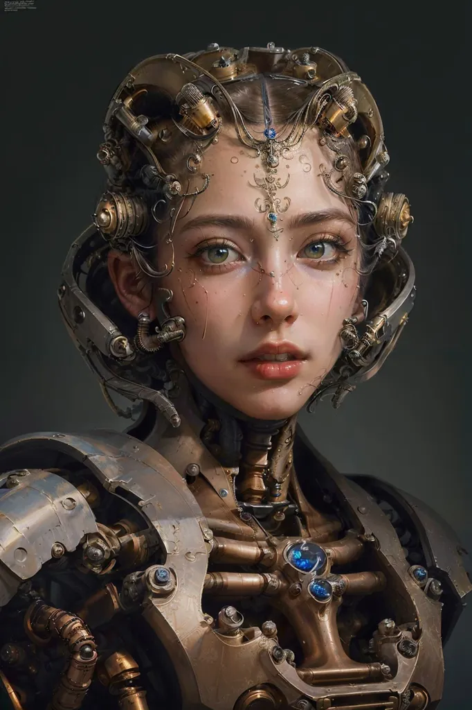 The image is a portrait of a beautiful woman with steampunk style. She has brown hair and green eyes, and her face is adorned with intricate metalwork. Her head is covered in a complex arrangement of gears, cogs, and other mechanical devices. Her neck is encircled by a wide metal collar, and her shoulders are covered in more metal plating. The overall effect is one of both beauty and menace, as the woman appears to be both a powerful and dangerous individual.