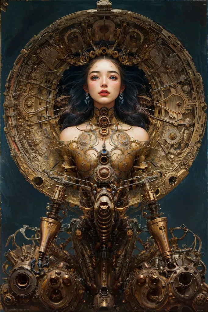 The image is a portrait of a woman with long black hair and blue eyes. She is wearing a golden headdress and a golden necklace. Her body is covered in intricate tattoos, and she has a mechanical contraption attached to her chest. The background is dark blue, and there is a large golden gear behind her head.