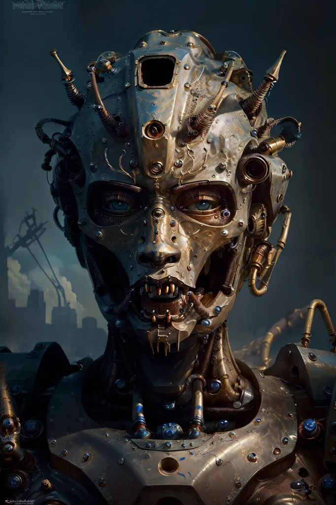 The image is a steampunk style portrait of a female robot. She has brown eyes, a silver metal face with golden rivets, and various tubes and wires protruding from her head and neck. She is wearing a silver metal collar and has a serious expression on her face. The background is dark with a spotlight shining down on her.