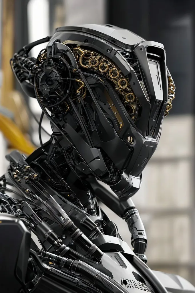 The image is a close-up of a robot's head. The robot is made of black metal and has gold accents. The head is covered in wires and tubes. The robot's eyes are a bright blue, and they are looking directly at the viewer. The image is very detailed, and the robot looks very realistic.