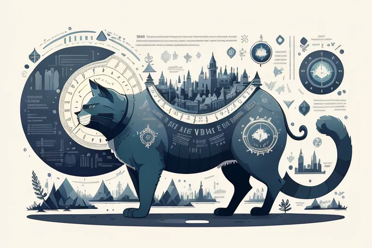 The image is a digital painting of a cat with a city on its back. The cat is standing on a blue and white background, and is surrounded by a number of geometric shapes and symbols. The city on the cat's back is made up of a number of different buildings, including skyscrapers, houses, and churches. The cat's fur is covered in a pattern of blue and white stripes, and its eyes are a deep blue color. The painting has a surreal and dreamlike quality, and it is unclear what the meaning is.