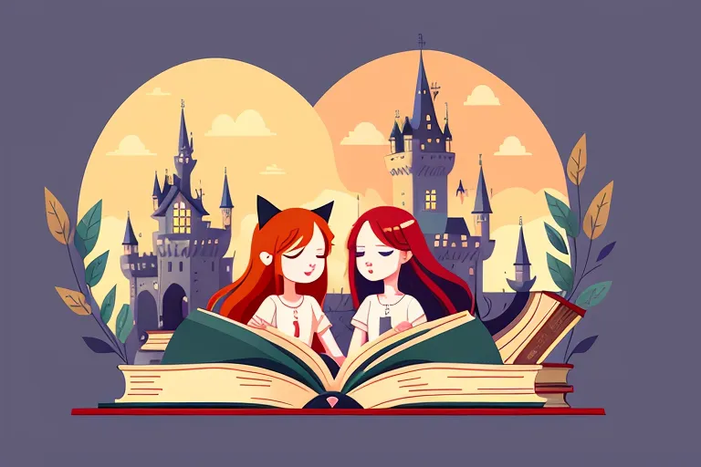 The image shows two girls reading a book. The girls are sitting in front of a large, open book. The book has a pink cover and there are some plants and flowers growing around it. The girls are both wearing casual clothes. The girl on the left has long, red hair and is wearing a white shirt. The girl on the right has long, red hair and is wearing a blue shirt. The girls are both smiling and appear to be enjoying the book they are reading. In the background, there is a large castle. The castle is made of gray stone and has a tall tower. The castle is surrounded by trees and mountains. The sky is a gradient of orange and yellow.