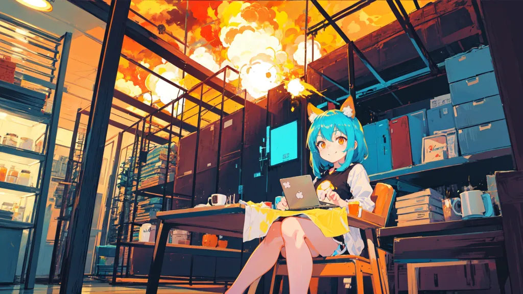 A girl with cat ears is sitting in a chair in a room. There is a table in front of her with a laptop and some papers on it. There are shelves on the walls and boxes on the floor. The room is on fire and there are explosions happening outside. The girl is wearing a white shirt and a yellow skirt. She has a serious expression on her face.