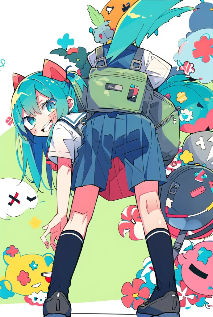 A imagem é de uma menina jovem com cabelos verdes brilhantes e orelhas de gato. Ela está usando uma camisa branca, saia azul e tênis pretos. Ela tem uma mochila grande nas costas e está carregando vários objetos coloridos nas mãos. Ela está em um campo de flores e há pequenas criaturas fofas ao redor dela. O fundo é branco com algumas formas pequenas e coloridas. A menina está sorrindo e parece feliz.