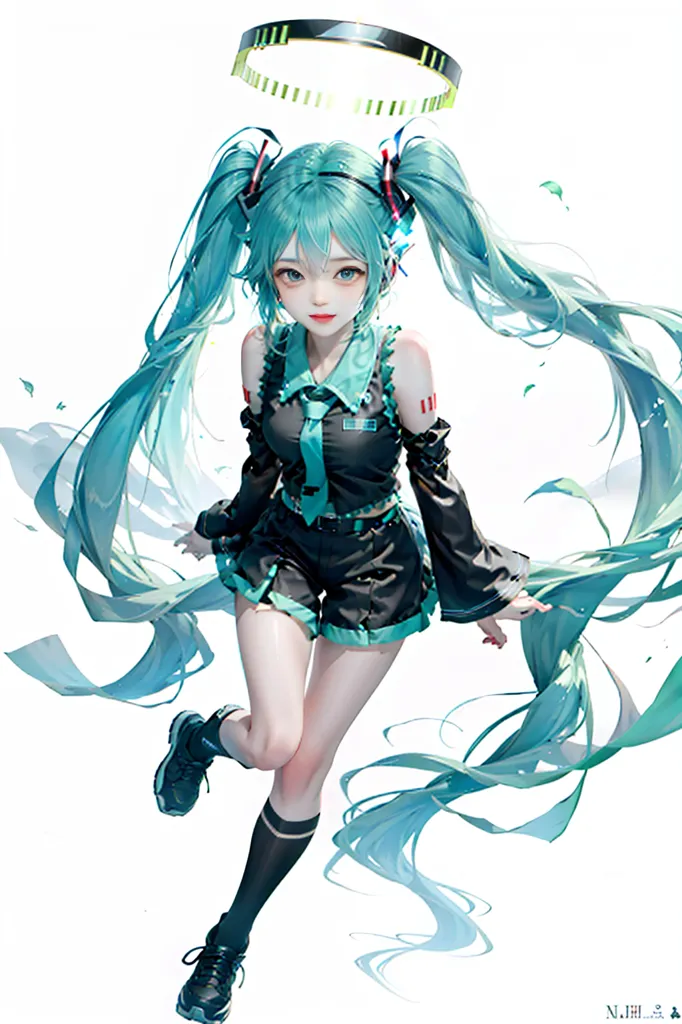 The image is a painting of a young woman with long, flowing green hair. She is wearing a black and green outfit and has a pair of headphones on. She is standing in a graceful pose and has a gentle smile on her face. The background is white and there are no other objects in the image. The painting is done in a realistic style and the colors are vibrant and lifelike. The woman's expression is serene and peaceful, and she seems to be lost in thought. The painting is likely a portrait of the woman, and it captures her beauty and personality in a realistic and lifelike way.