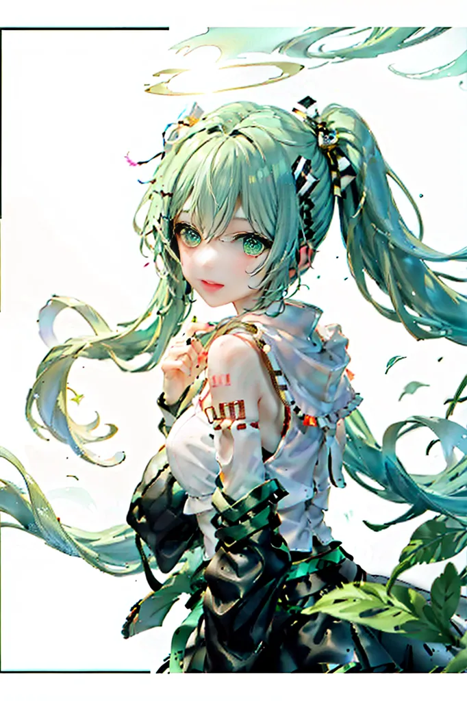 The image is a painting of a young woman with long green hair. She is wearing a white and green dress and has a green halo around her head. The background is white with a few green leaves. The woman is looking at the viewer with a slight smile on her face.