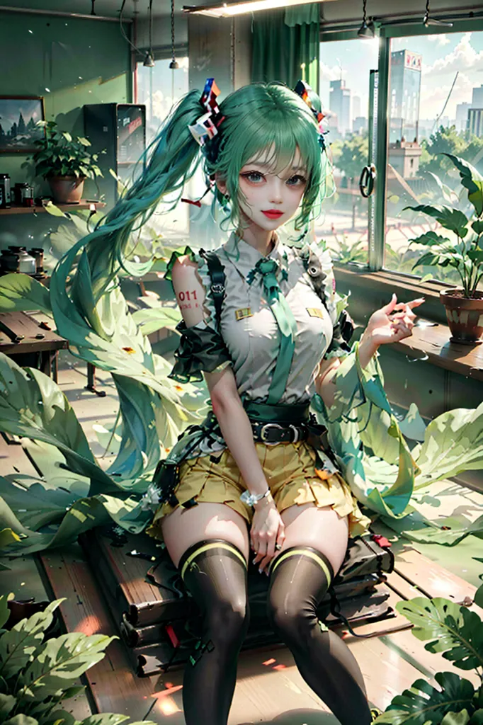 The image is a painting of a young woman with long green hair. She is wearing a white shirt, a yellow skirt, and a black tie. She is sitting on a table in a greenhouse. There are plants all around her. She has a confident expression on her face.