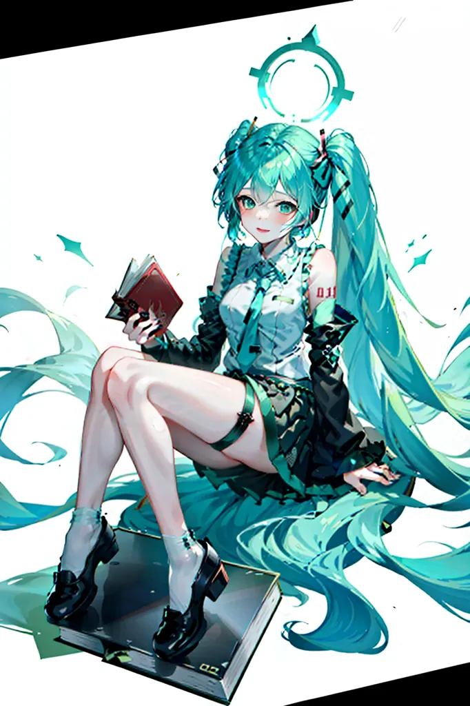 The image is of a young woman with long, green hair. She is wearing a white shirt, a black tie, and a green skirt. She is sitting on a large book and has another book in her hand. The background is white. The girl has a halo above her head and appears to be a digital creation rather than a real person.