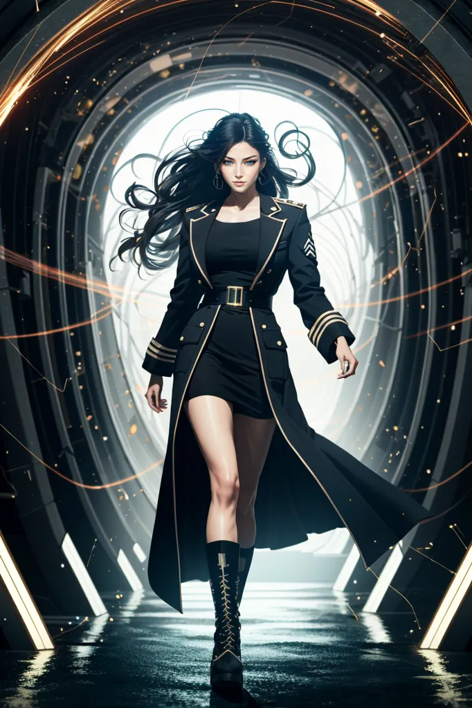 This is an image of a woman in a black military-style outfit. She is wearing a black bodysuit with a long black coat with gold buttons and gold epaulettes. She has a black belt around her waist and is wearing black boots. She has long black hair and dark makeup. She is standing in a futuristic setting with a bright light behind her.