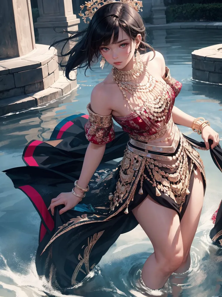 The picture shows a beautiful dark-haired girl standing in the water. She is wearing a red and gold colored outfit with a lot of jewelry. She is looking at the viewer with a serious expression. The background is blurry, but it looks like there are some ruins in the background.