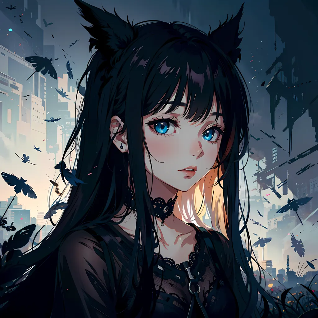 La imagen es una pintura digital de una mujer joven con orejas de gato. Tiene el cabello largo y negro y ojos azules. Lleva un vestido negro con un cuello de encaje. Hay pájaros volando a su alrededor. El fondo es un paisaje urbano en ruinas.