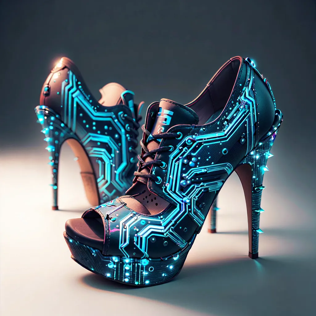 The image shows a pair of futuristic high-heeled shoes. The shoes are black with blue and green glowing circuit board-like patterns all over. The heels are clear and about 5 inches tall. The shoes are also open-toed.