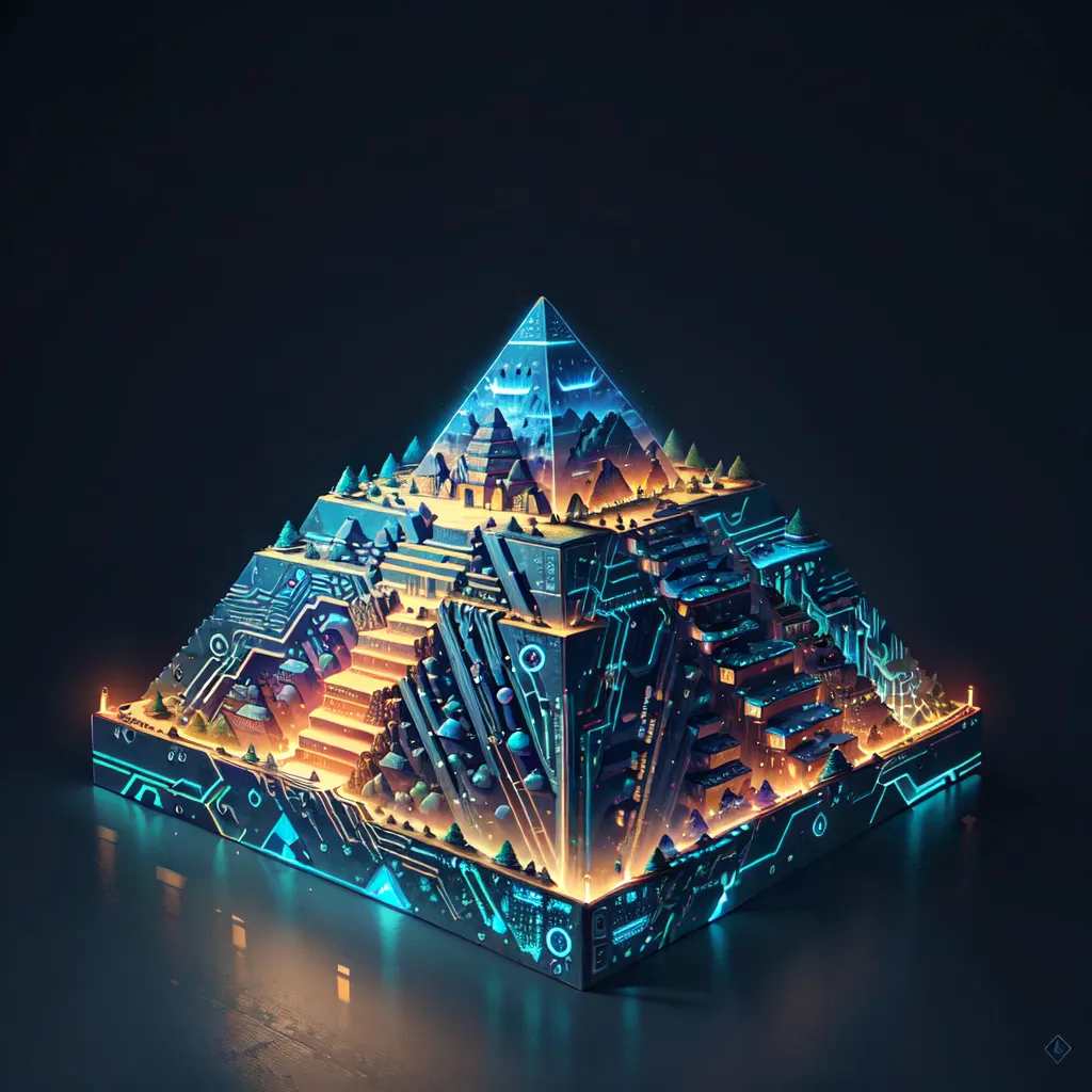 The image is a 3D rendering of a pyramid. The pyramid is made of glass and has a blue glow. Inside the pyramid, there are several levels of circuitry and machinery. The pyramid is also surrounded by several trees and plants. The image is set in a dark background.