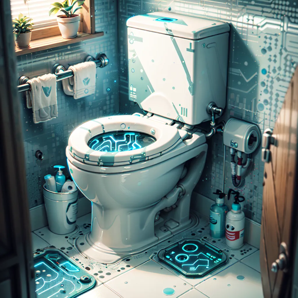 The image shows a futuristic toilet. It is white and has a sleek, modern design. The toilet is surrounded by blue and white tiles. There is a window above the toilet, a plant on the windowsill, and two towels hanging on a rack next to the toilet. There is also a small cabinet next to the toilet with some toiletries on it. The floor is made of white and gray tiles. The toilet has a digital display on the front that shows information about the user's health.