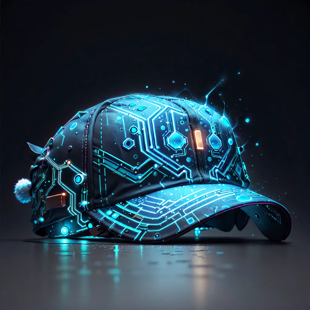 The image is a black baseball cap with a blue and green circuit board pattern on it. The cap is lit up from the inside, making the pattern glow. There is a white pom-pom on the top of the cap. The cap is sitting on a reflective surface.