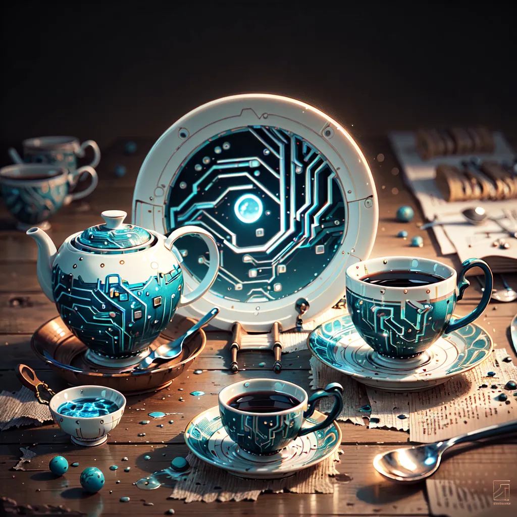 The image shows a beautiful blue and white tea set. The set includes a teapot, four teacups, and four saucers. The teapot is in the center of the image and is surrounded by the teacups and saucers. The set is sitting on a wooden table. There is a blue liquid spilled on the table. The background is a dark brown color.