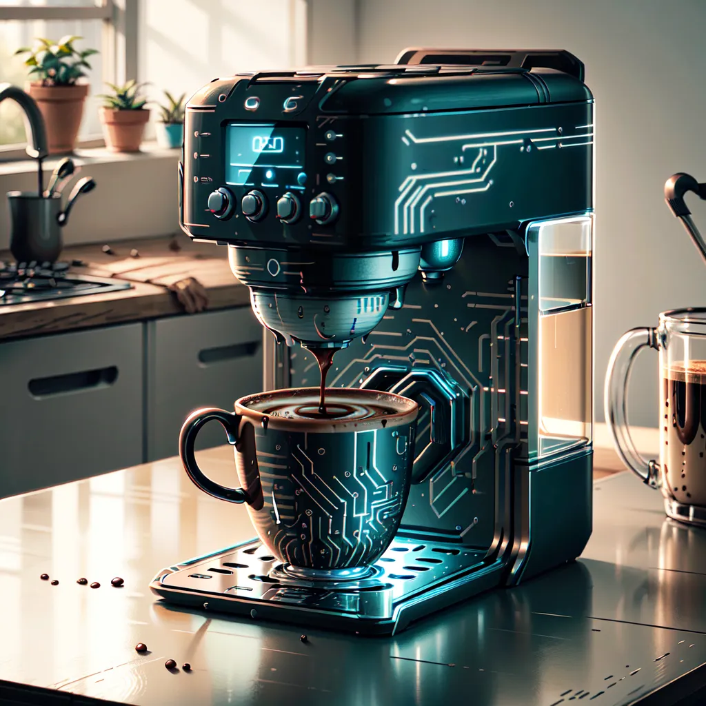 The image shows a futuristic coffee maker with a cup of coffee on a table. The coffee maker is black with blue lights and has a digital display. The coffee cup is also black with blue lights. There is a plant in the background.