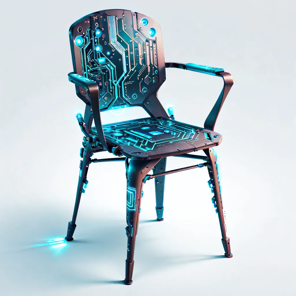 The image is a 3D rendering of a futuristic chair. The chair is made of metal and has a sleek, modern design. The seat and back of the chair are made of a transparent material, and the inside of the chair is filled with blue lights. The chair also has four legs that are made of metal and have a light blue glow at the bottom.