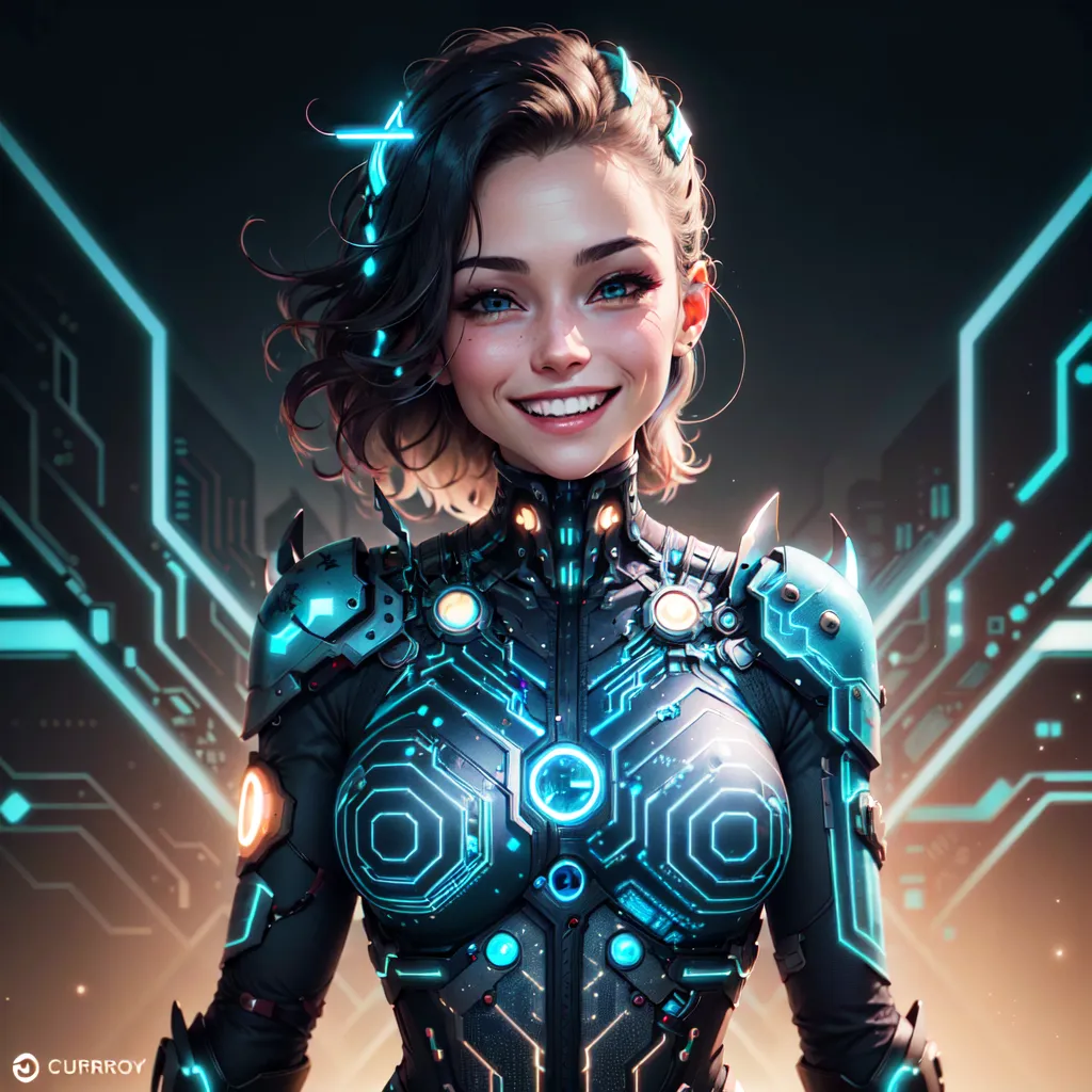 The image is of a young woman with short brown hair and blue eyes. She is wearing a black and blue bodysuit with a glowing blue pattern on her chest and shoulders. She has a confident smile on her face and is looking at the viewer. The background is a dark blue with a glowing blue grid pattern.