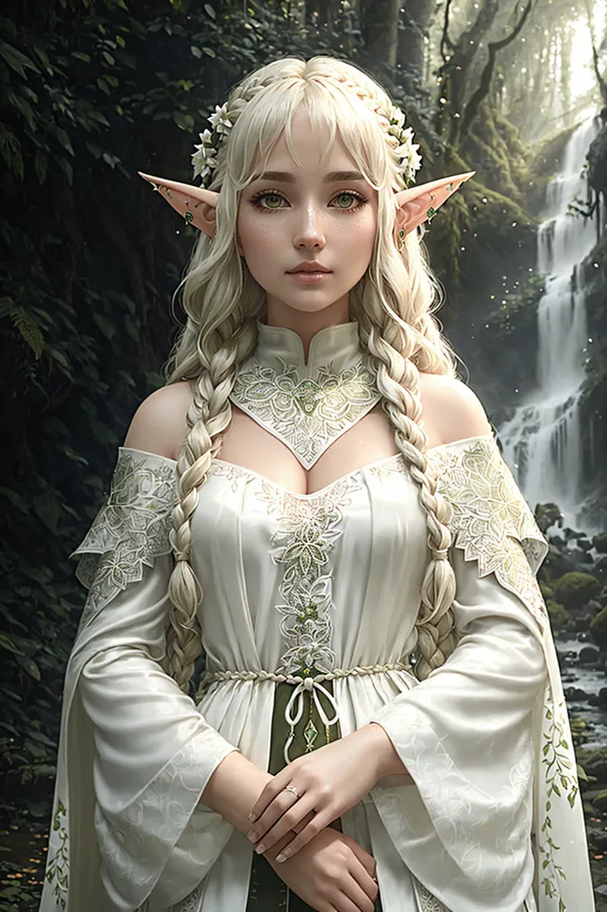 The image shows a beautiful elf woman with long blonde hair and green eyes. She is wearing a white dress with a green sash and has flowers in her hair. She is standing in a forest with a waterfall in the background.