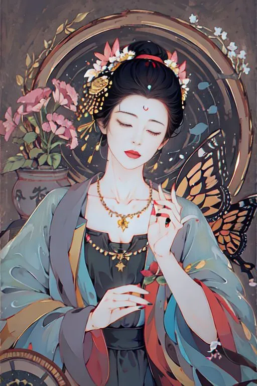 The image is a painting of a Chinese woman in traditional Hanfu clothing. She is standing in front of a round mirror, and there are flowers and a butterfly in the background. The woman is wearing a long blue robe with a white underskirt. The robe has a high collar and is decorated with gold trim and pink and white flowers. The woman's hair is black and long, and she is wearing a red flower in her hair. She is also wearing a necklace and earrings. The woman's face is pale and her eyes are closed. She has a serene expression on her face. The painting is done in a realistic style, and the colors are vibrant and lifelike.