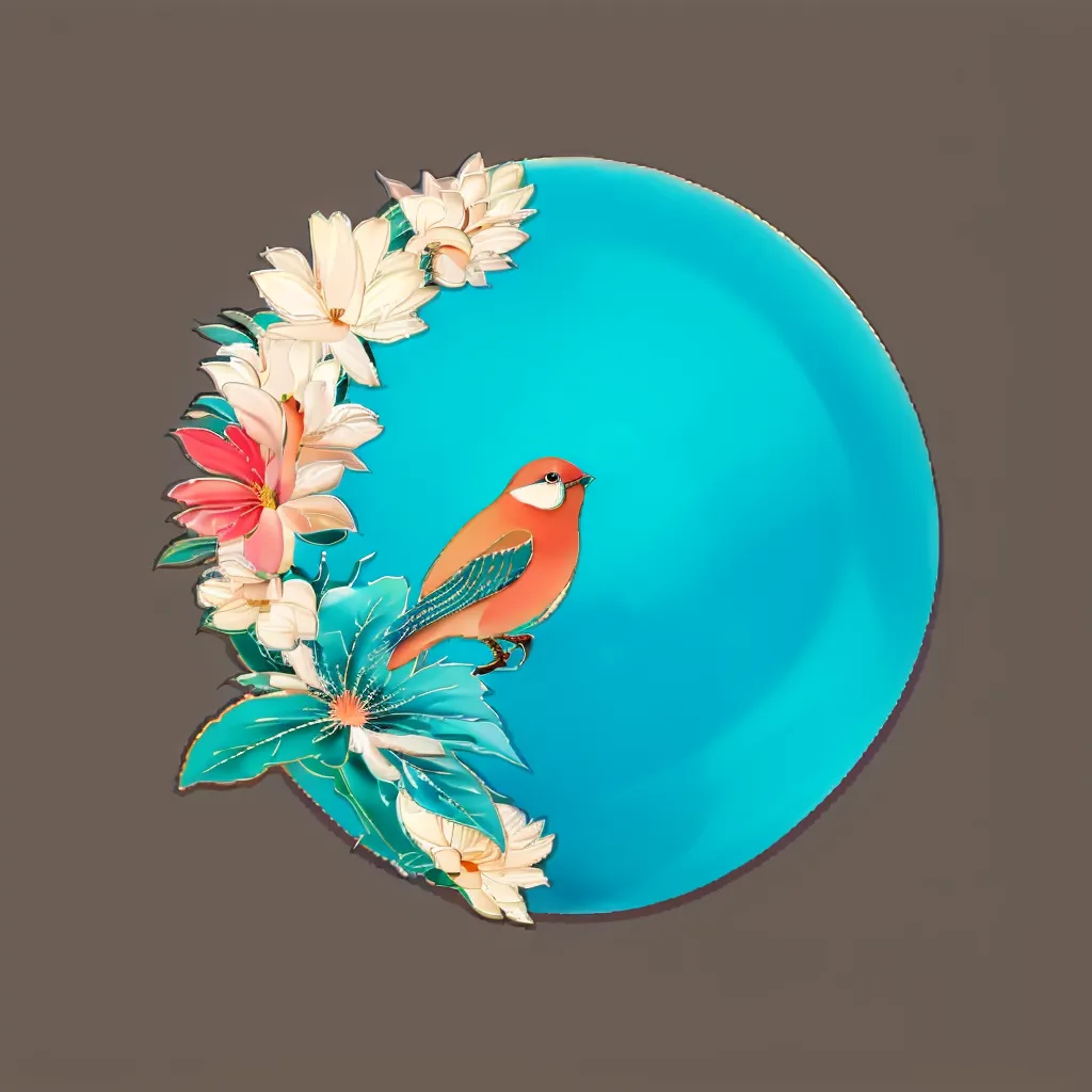 L'image est un cercle avec un fond bleu. À l'intérieur du cercle se trouve un oiseau aux plumes orange et jaune. L'oiseau est perché sur une branche avec des feuilles vertes. Autour du cercle se trouvent des fleurs blanches et roses.