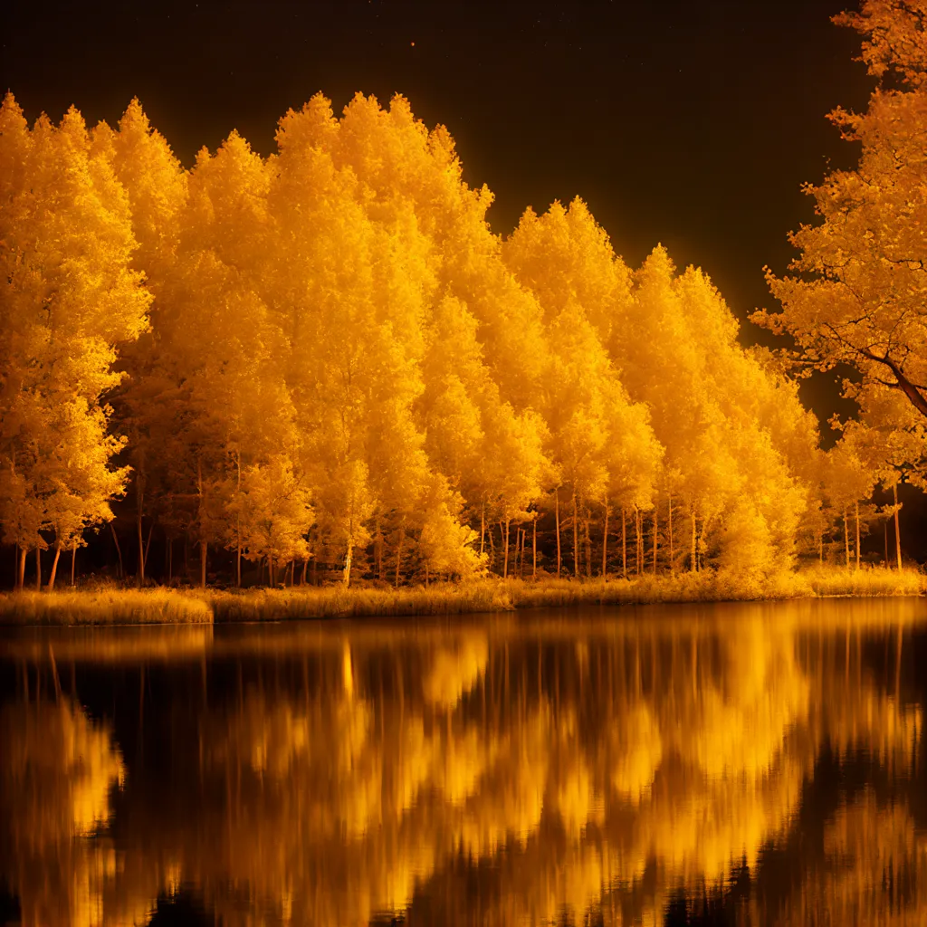 The photo is of a forest of trees at night. The trees are reflected in a lake. The sky is dark with a few stars. The trees are lit up as if they were glowing from within. The photo is very peaceful and serene.