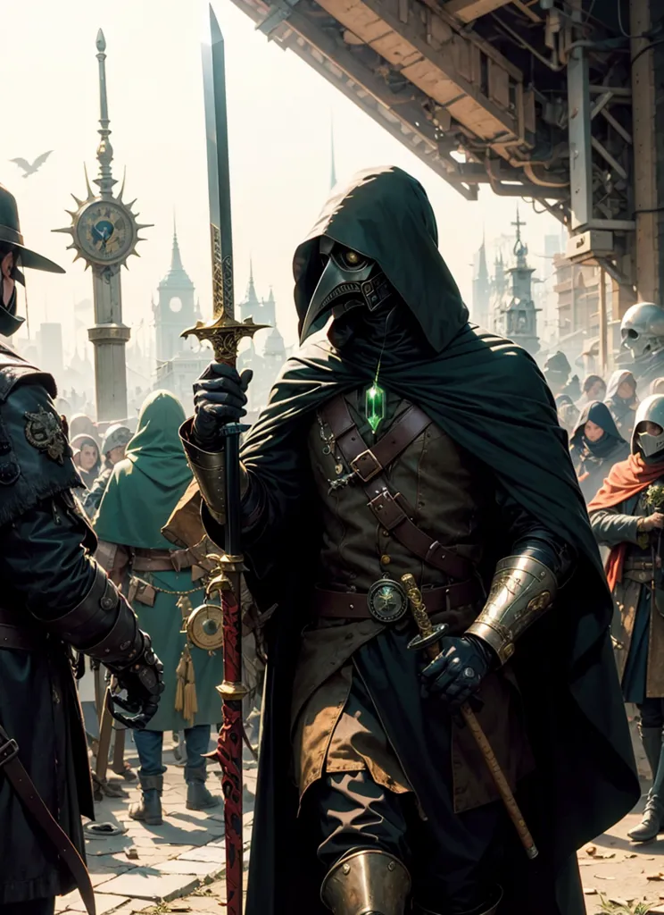 The image is of a person in a dark green cloak with a hood pulled up over their head. They are wearing a black plague doctor mask with a long beak-like nose. The mask has green glass eyes. They are also wearing brown leather gloves and a brown leather belt with a green glass buckle. They are carrying a sword in their right hand and a dagger in their left hand. There is a crowd of people in the background. The person in the cloak is standing in front of a large building with a clock tower. The clock tower has a large clock face with a sunburst design in the center. The building is made of gray stone and has large wooden doors.