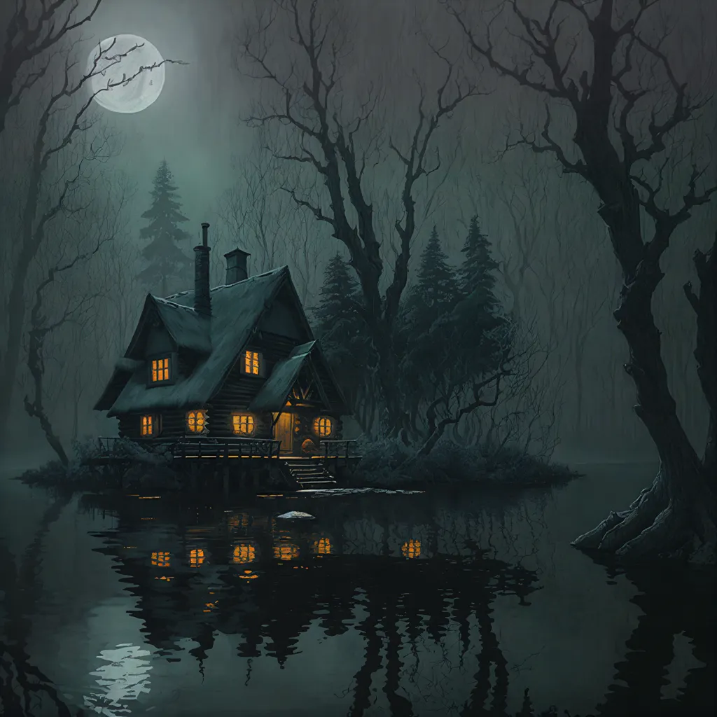 This is a digital painting of a house in a forest. The house is made of wood and has a thatched roof. There is a door and two windows on the front of the house. The forest is made up of tall, dark trees. The moon is full and is shining brightly in the sky. There is a lake in front of the house, reflecting the moonlight. The overall mood of the painting is mysterious and atmospheric.