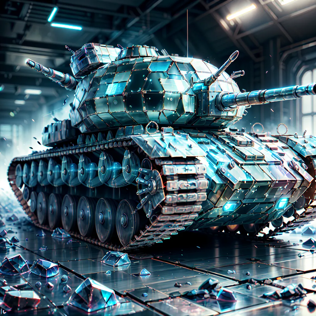 The image shows a futuristic tank made of reflective blue metal. The tank is in a large, dark hangar. The tank is surrounded by broken pieces of the reflective metal.