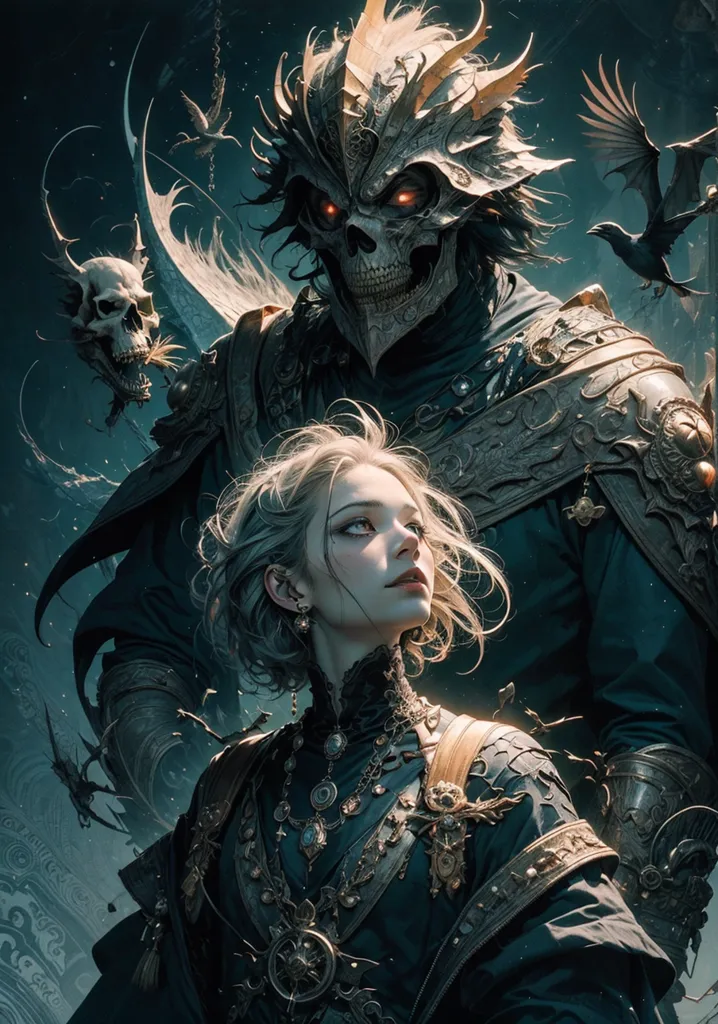 The image is of a woman and a skeleton knight. The woman is standing on the left side of the image, and the skeleton knight is standing on the right side. The woman is wearing a black dress with a white collar. She has long blonde hair and blue eyes. The skeleton knight is wearing a suit of black armor. He has a skull for a head and two glowing red eyes. There are two skulls floating in the air near the skeleton knight. There are also several bats flying around the skeleton knight. The background is a dark blue color.