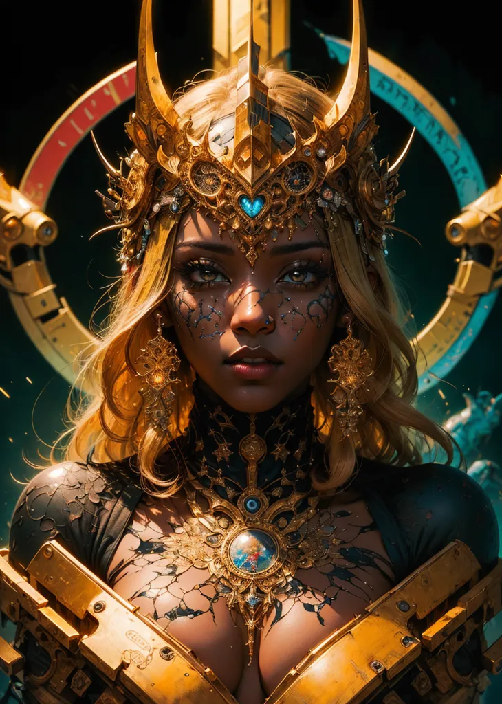 This is an image of a woman with long blonde hair and dark skin. She is wearing a golden crown and a golden necklace with a blue gem in the center. She is also wearing dark eyeshadow and has a few golden piercings on her face. She is standing in front of a dark background with a glowing blue circle behind her. She is wearing a black and gold outfit.