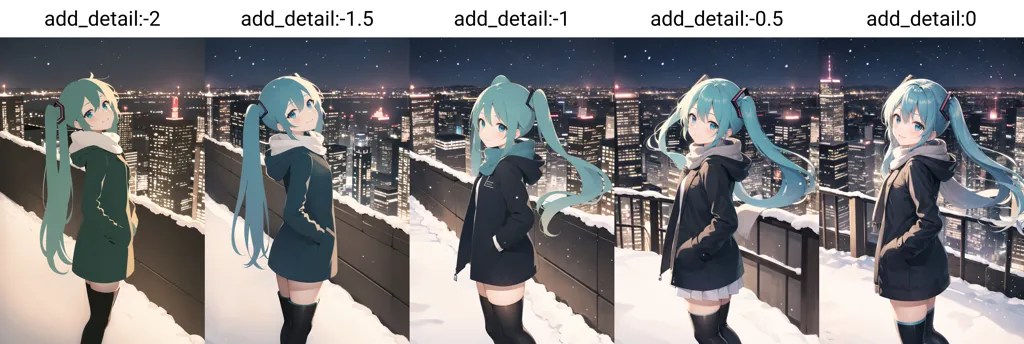 The image shows a girl with long green hair standing on a rooftop in a snowy city. She is wearing a black jacket and white boots. The city is in the background and is out of focus. The image is getting more and more detailed from left to right.