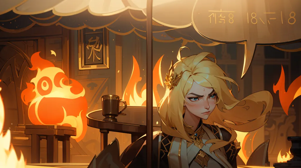 This image shows a young woman with long blonde hair and golden eyes sitting at a table in a tavern. She is wearing a white and gold outfit and has a serious expression on her face. On the table is a cup. There is a creature sitting on the table next to her. It is orange and has a flame for a head. There are two speech bubbles coming from its head. One says \