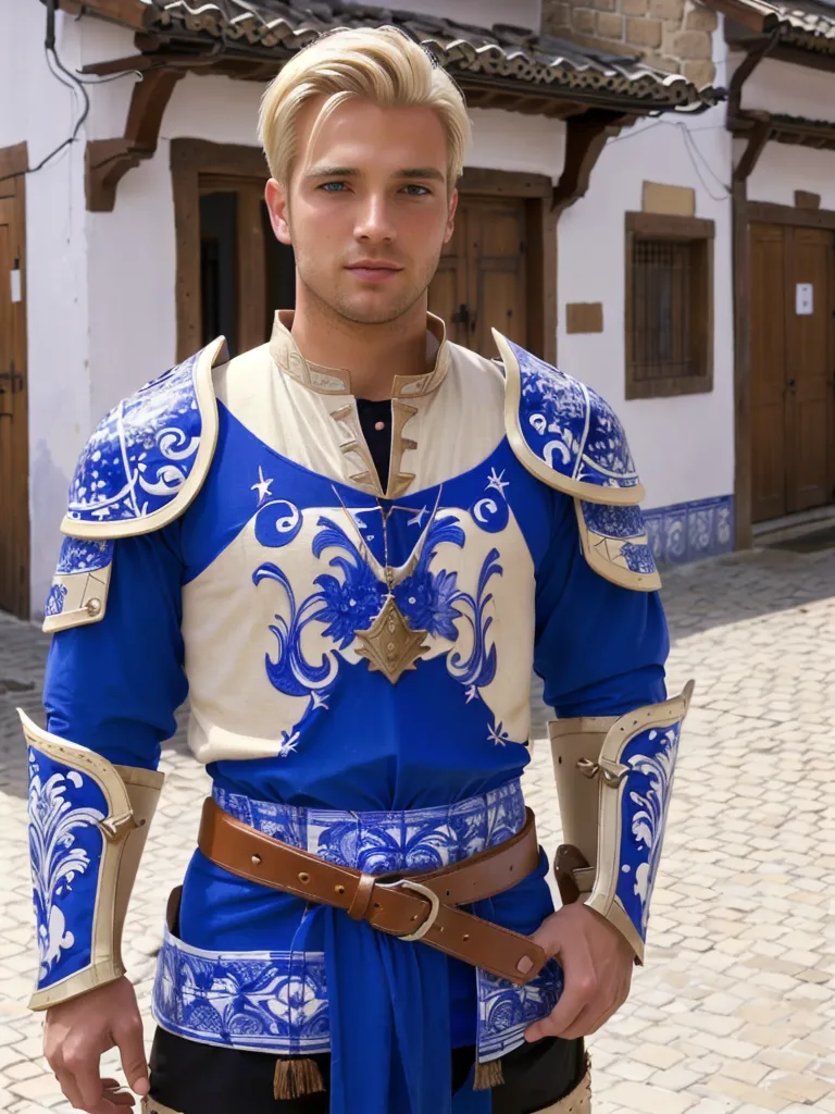 This is a picture of a man dressed in a blue and white tunic with matching shoulder and arm guards. He has a brown belt on and a gold necklace with a blue stone in the center. His blond hair is short and combed to the side. He looks like a prince or a knight.