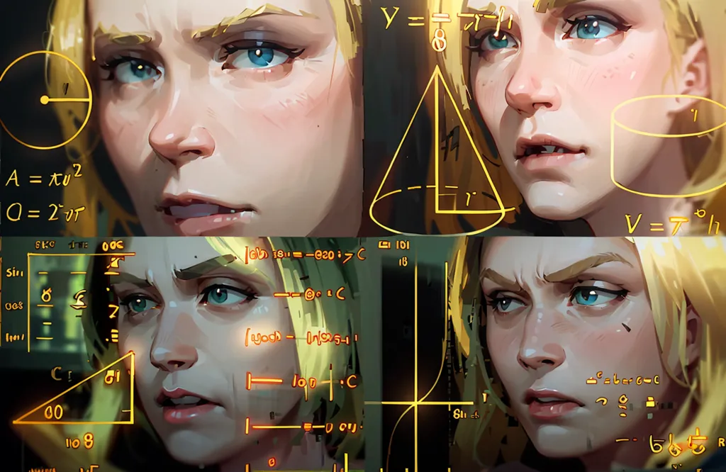 The image shows a blonde woman with blue eyes. She is looking at the viewer with a puzzled expression. There are mathematical equations written in yellow around her head. She is wearing a white shirt. The background is white.