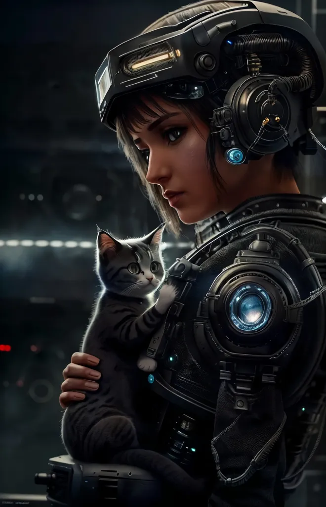 A young woman is holding a cat in her arms. The woman is wearing a black and gray suit of armor with a helmet on her head. The cat is gray and white and is looking at the woman. The background is dark and there are lights in the distance.