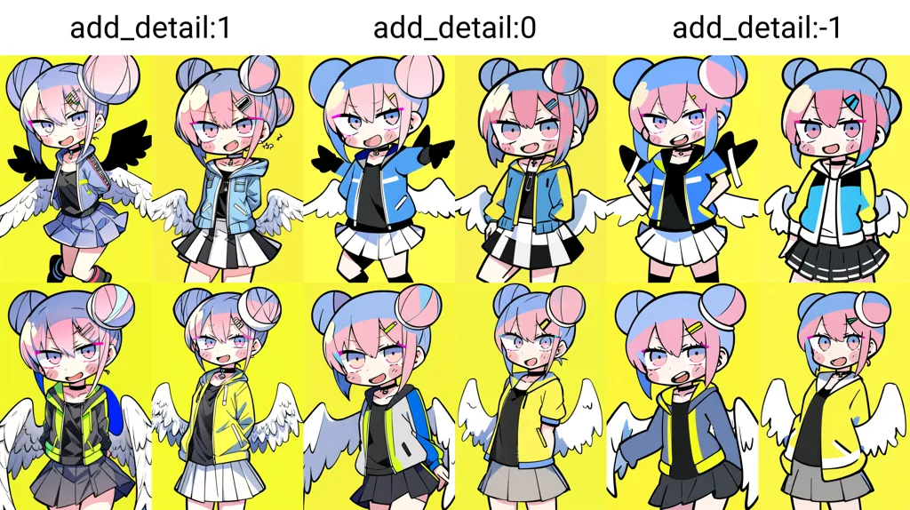 The image shows 9 anime-style characters with pink and blue hair. They are all wearing the same outfit, which consists of a white crop top, a blue skirt, and a yellow jacket with black and white accents. They also have black and white wings. The characters are all in different poses, and they have different facial expressions. The image is drawn in a cartoon style, and the colors are bright and vibrant.