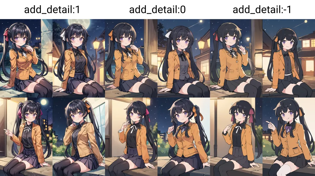 The image shows a grid of 3x3 images. Each image is of a young woman with long black hair and brown eyes. She is wearing a yellow jacket, a white shirt, and a gray skirt. She is sitting on a bench in a park. In the background, there are trees and a street lamp. The images are all very similar, but there are some slight differences. 

In the first image, the woman is looking at the camera. In the second image, she is looking away from the camera. In the third image, she is smiling. In the fourth image, she is not smiling. In the fifth image, she is wearing a different jacket. In the sixth image, she is wearing a different shirt. In the seventh image, she is wearing a different skirt. In the eighth image, she is not wearing any shoes. In the ninth image, she is wearing a different hairstyle.