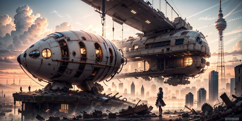 The image is set in a post-apocalyptic city. There is a large, white spaceship in the center of the image. The spaceship is surrounded by tall buildings and a large tower. There are people walking around on the ground. The sky is orange and cloudy. The image is full of detail and is very atmospheric.