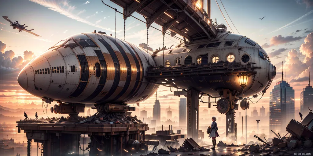 The image is a steampunk landscape. There is a large, white and brown steampunk airship docked at a steampunk station. There are several people on the platform near the airship. There is a city in the background with tall buildings and skyscrapers. There are also several airships flying in the sky. The sky is orange and cloudy.