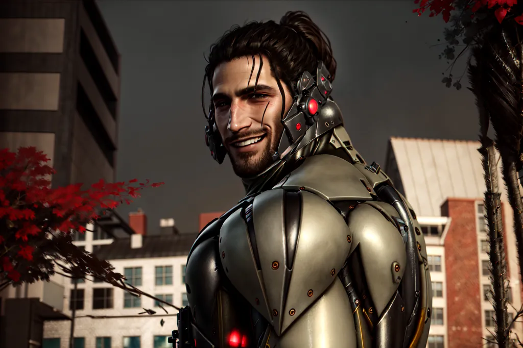 The image shows a man with long brown hair tied in a ponytail. He is wearing a black and gray armored suit with red lights on his shoulders and a device on his head with a red light on it. He has a small smile on his face. In the background, there is a building with red trees in front of it.