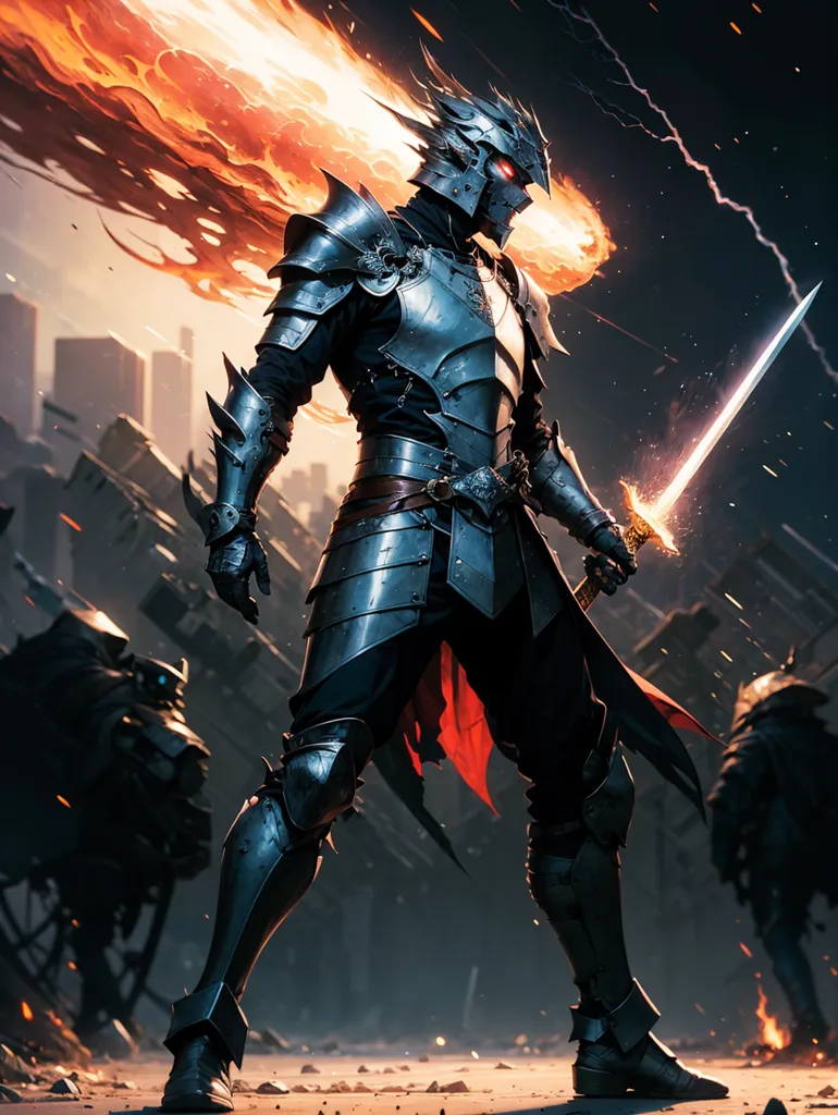 The image shows a knight in full armor, with a red cape flowing behind him. He is standing in a ruined city, with a sword in his hand. The sword is on fire, and the knight's eyes are glowing with power. In the background, there are several large buildings, and the sky is dark and stormy.