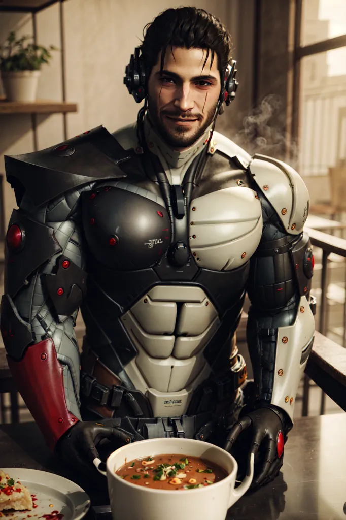 The image shows a man wearing a futuristic suit of armor. The armor is black and gray with red accents. The man has a beard and a ponytail. He is wearing a pair of headphones and has a cigarette in his mouth. He is standing in a kitchen, and there is a bowl of soup on the table in front of him.