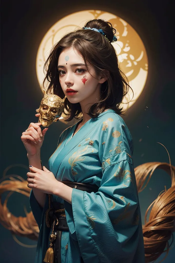 L'image montre une jeune femme dans un kimono bleu tenant un crâne doré dans ses mains. Elle a de longs cheveux foncés et du rouge à lèvres rouge. Il y a une pleine lune derrière elle.