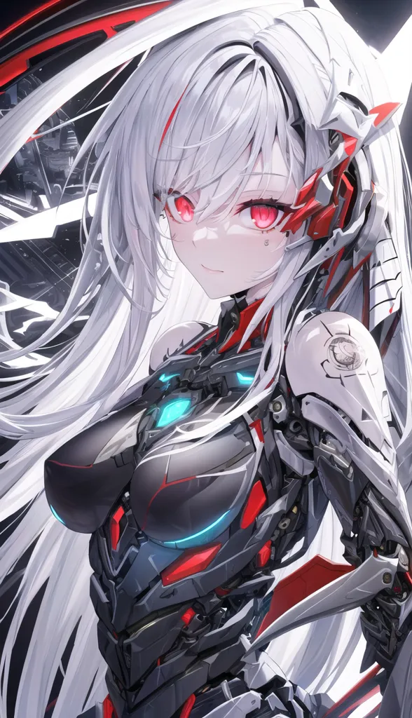 La imagen es una pintura de una hermosa chica de anime con el cabello blanco largo y ojos rojos. Lleva un traje negro y rojo con una gran coraza de metal. También lleva un par de auriculares negros y rojos. El fondo de la imagen es un paisaje urbano oscuro y futurista.