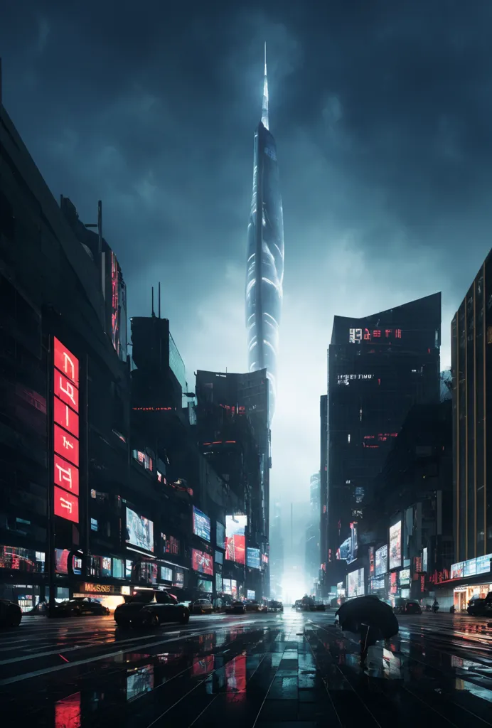 The image is a dark and rainy cityscape. The street is wet and empty, with the exception of a few cars and a person with an umbrella. The buildings are tall and imposing, and the city is lit up by neon lights. The overall atmosphere of the image is one of mystery and intrigue.