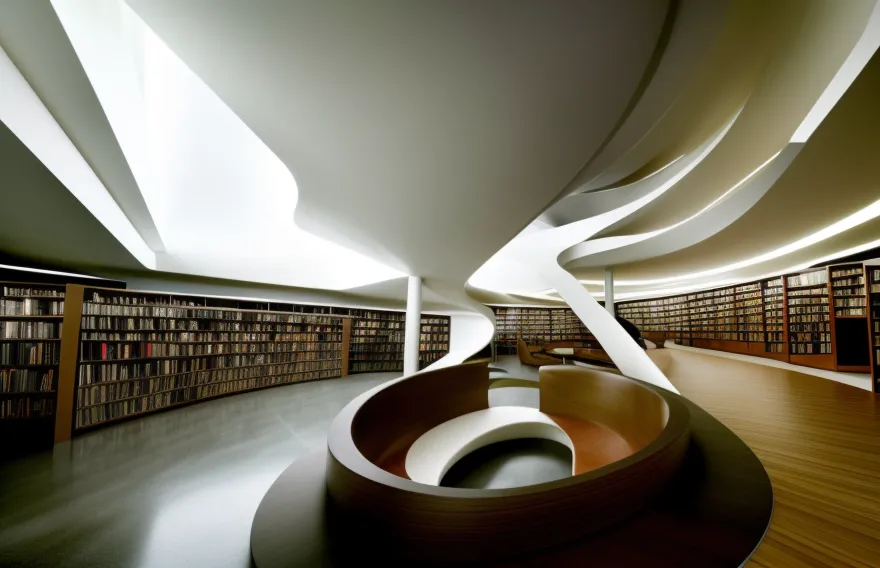 L'image montre une bibliothèque moderne avec un escalier en colimaçon. La bibliothèque est très grande et contient beaucoup de livres. L'intérieur est blanc et brun. La bibliothèque est très moderne et bénéficie de beaucoup de lumière naturelle. Il n'y a pas de personnes sur l'image.