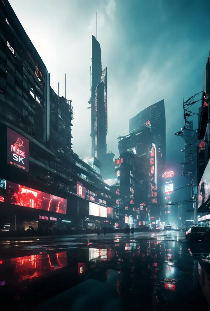 The image is a dark and rainy cityscape. The buildings are tall and imposing, and the streets are wet and empty. There is a red glow in the sky. The image is full of atmosphere and mystery.