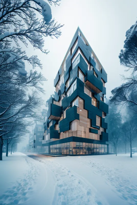 The image shows a modern apartment building with a unique geometric design. The building is covered in snow and surrounded by snow-covered trees. There is a park with a walking path in front of the building. The sky is cloudy and the weather is cold.